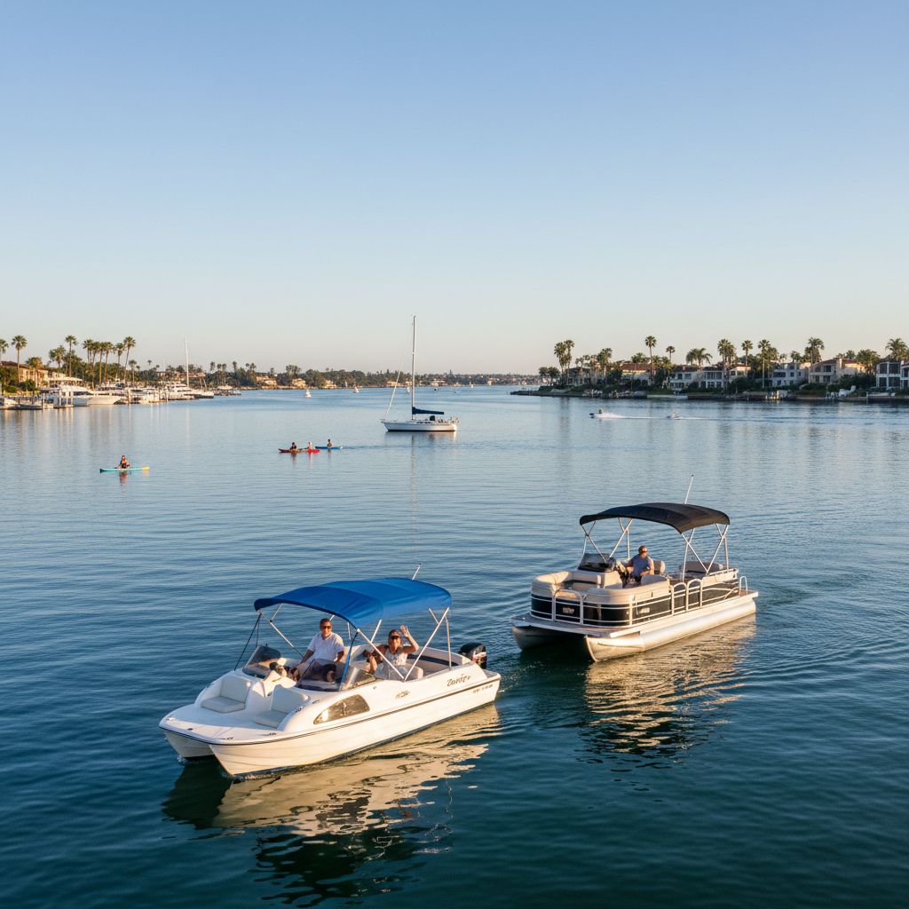 White duffy boat with blue top and other watercraft